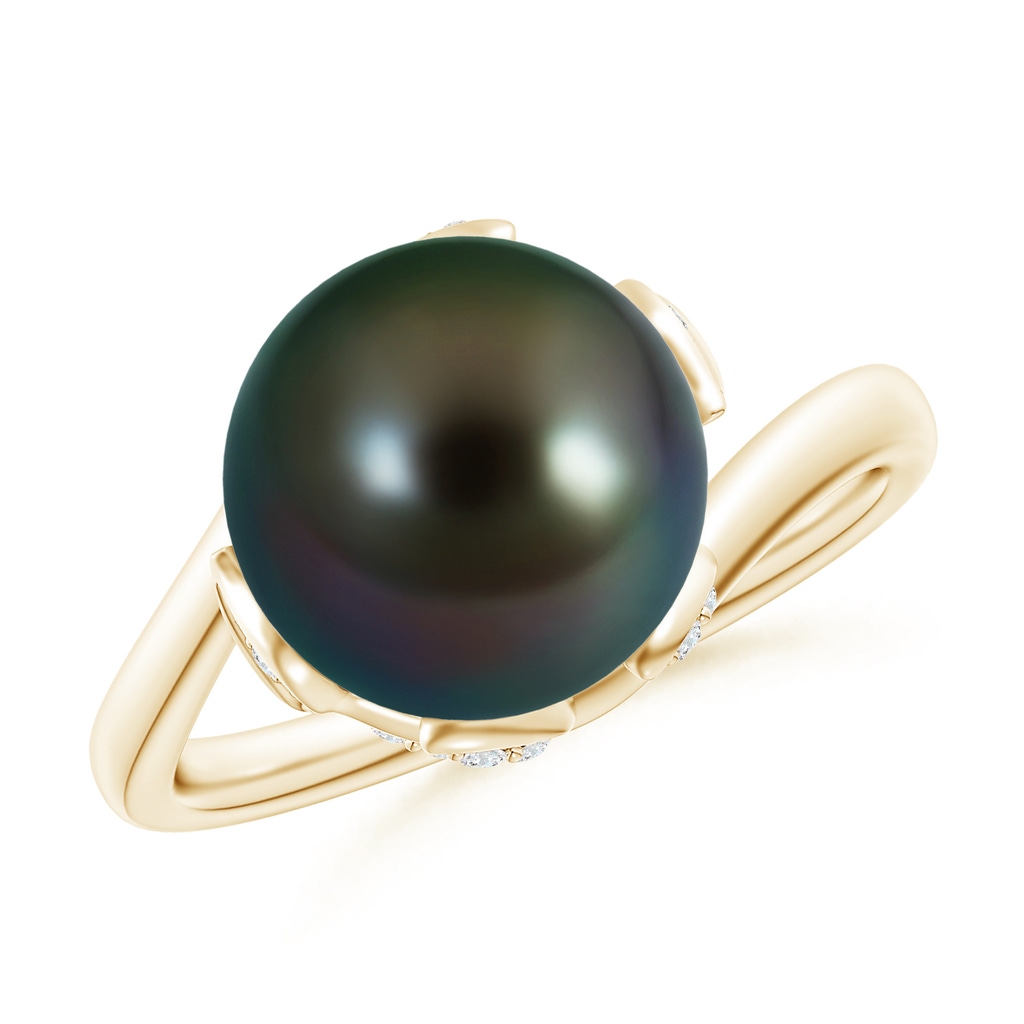 10mm AAAA Tahitian Pearl Olive Leaf Bypass Ring in Yellow Gold
