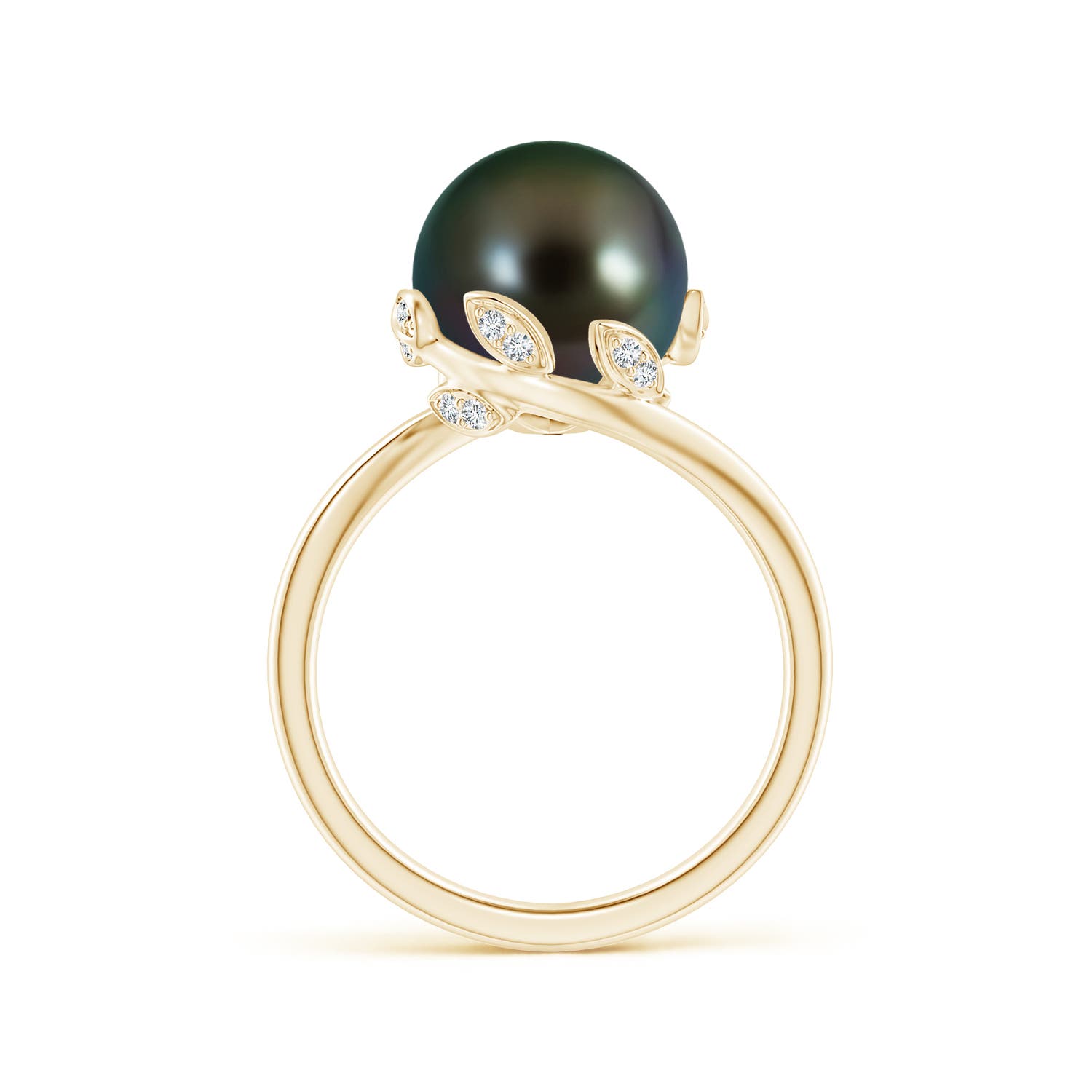 10mm AAAA Tahitian Pearl Olive Leaf Bypass Ring in Yellow Gold - side 1