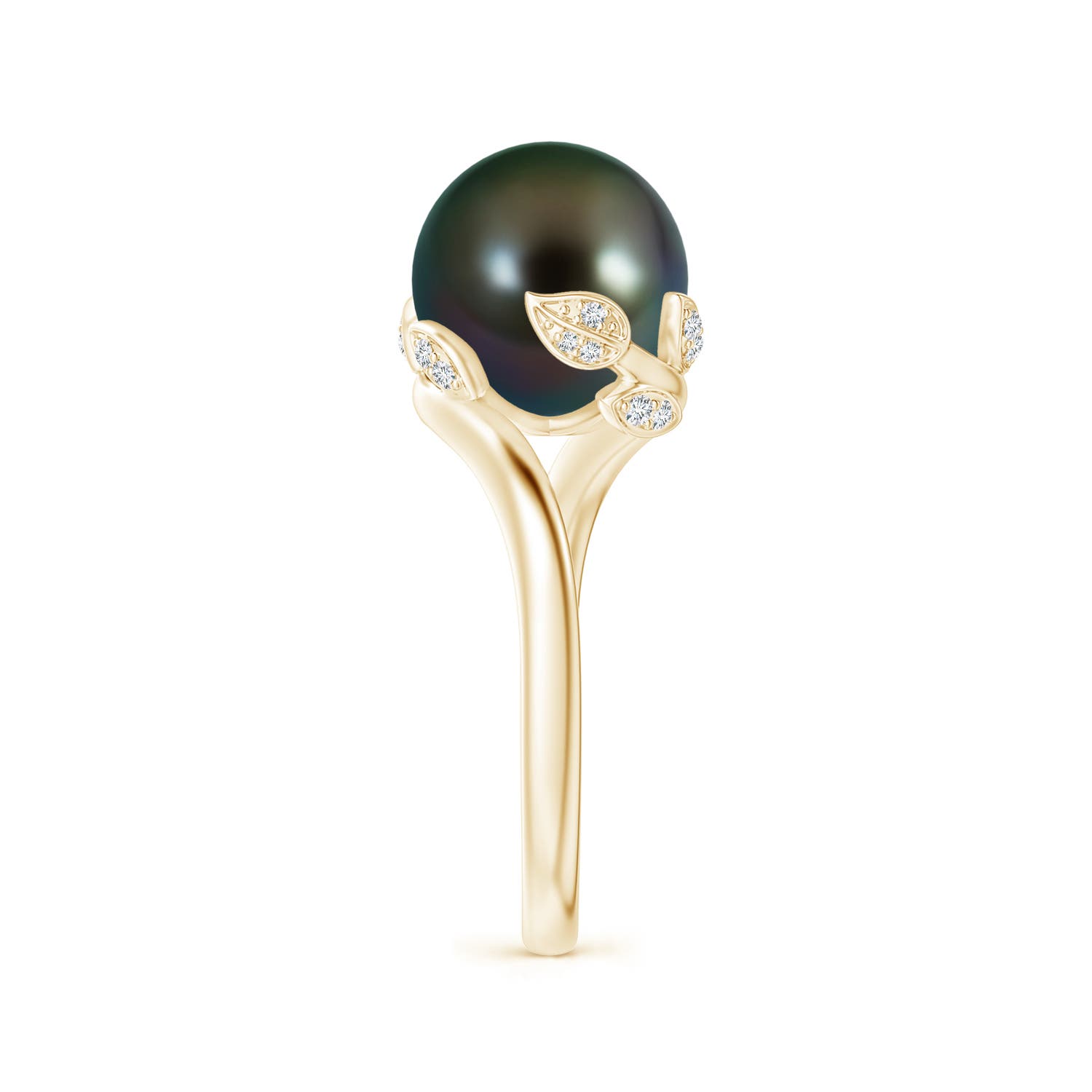 10mm AAAA Tahitian Pearl Olive Leaf Bypass Ring in Yellow Gold - side 2