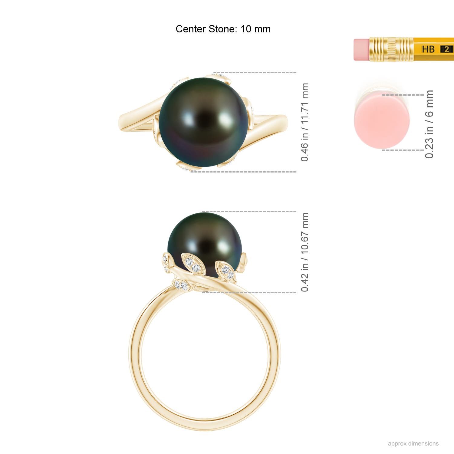10mm AAAA Tahitian Pearl Olive Leaf Bypass Ring in Yellow Gold - ruler