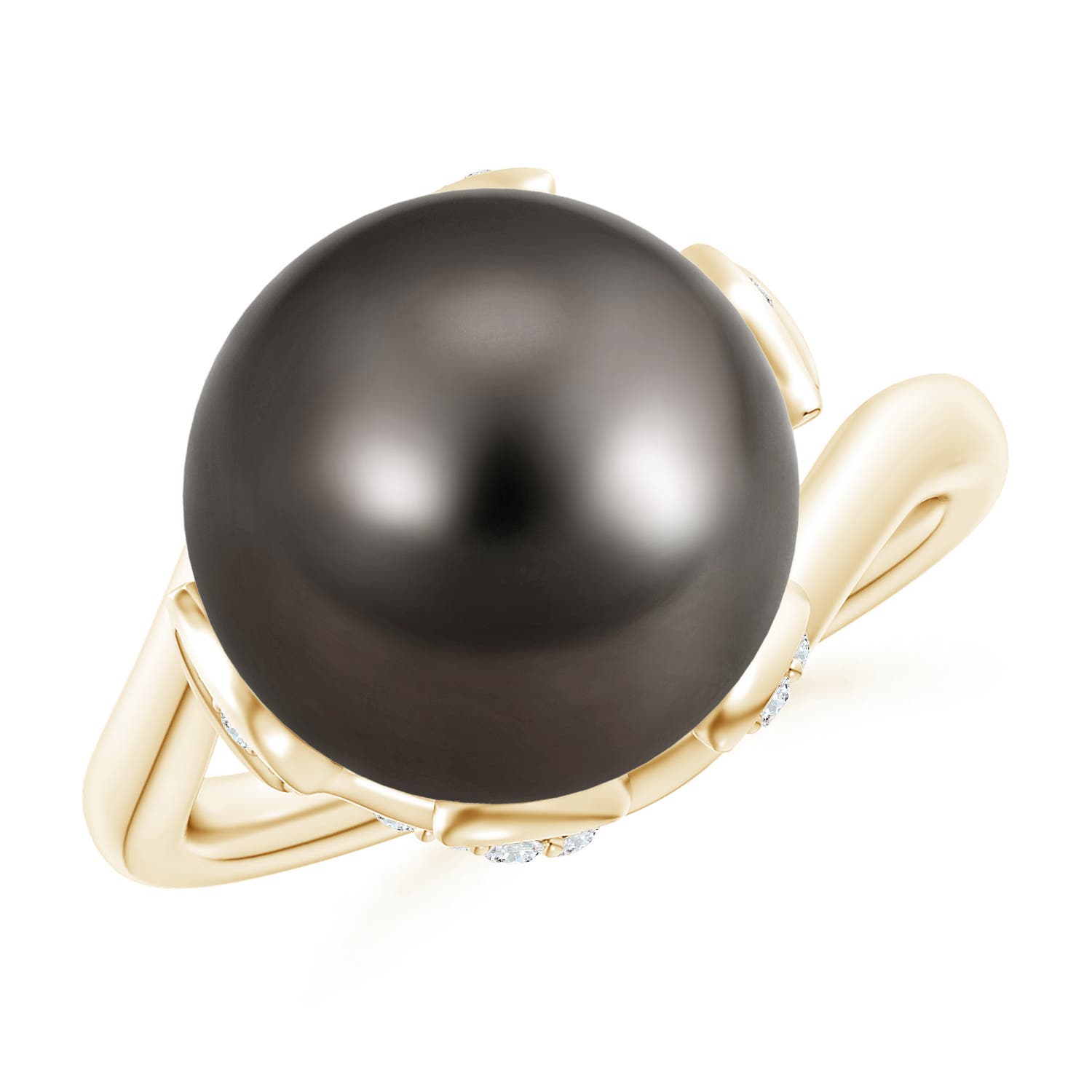 12mm AAA Tahitian Pearl Olive Leaf Bypass Ring in Yellow Gold