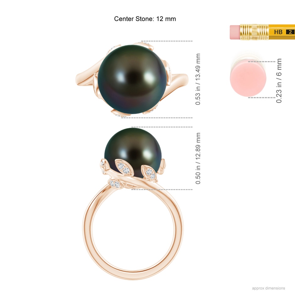 12mm AAAA Tahitian Pearl Olive Leaf Bypass Ring in Rose Gold ruler