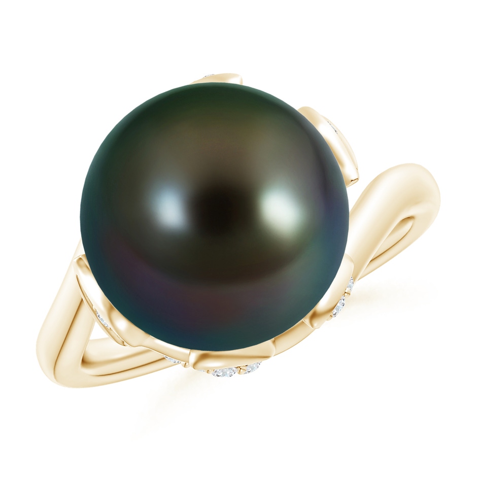 12mm AAAA Tahitian Pearl Olive Leaf Bypass Ring in Yellow Gold 