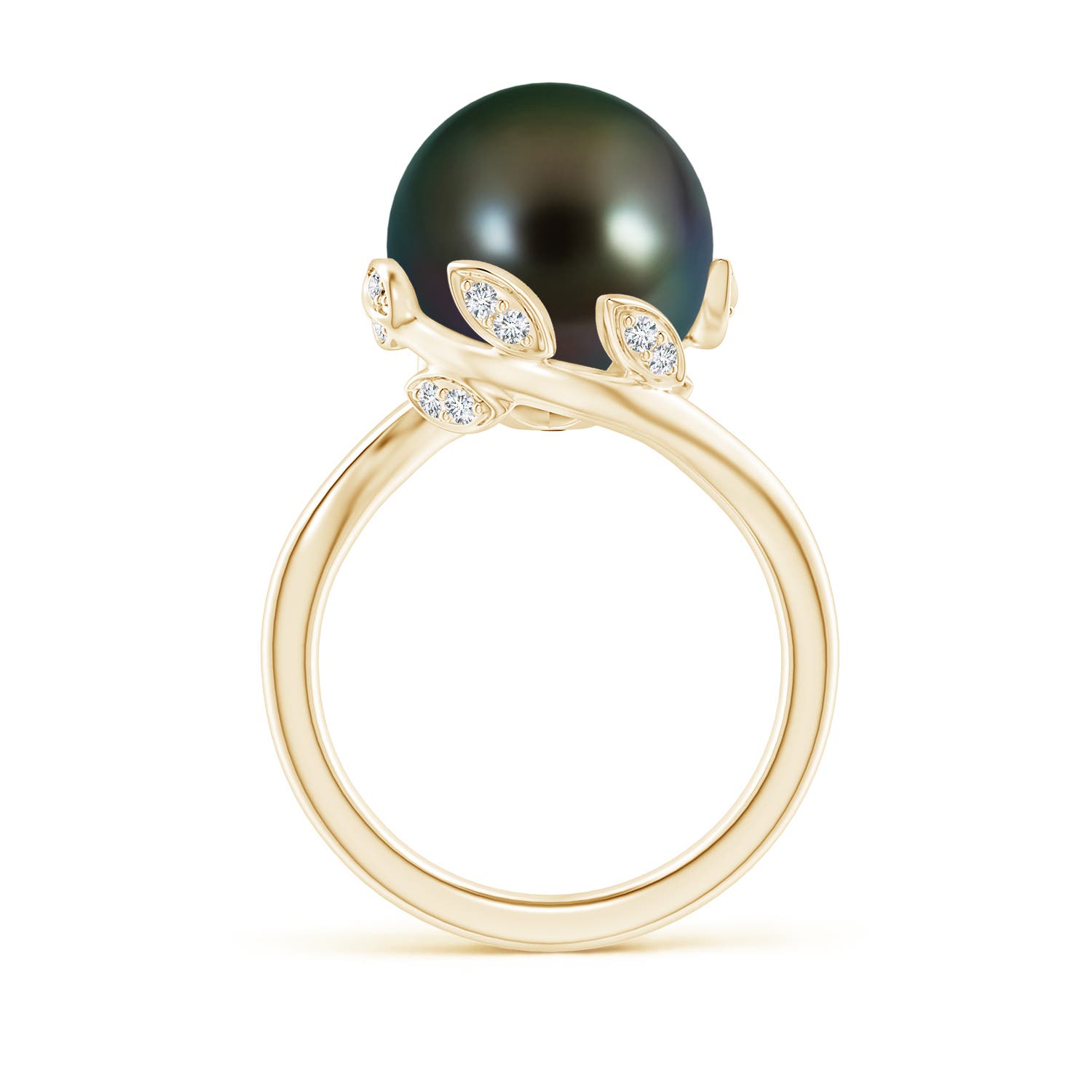 12mm AAAA Tahitian Pearl Olive Leaf Bypass Ring in Yellow Gold