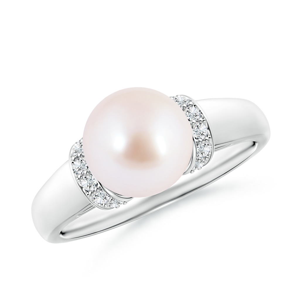 8mm AAA Japanese Akoya Pearl Collar Ring with Diamonds in White Gold