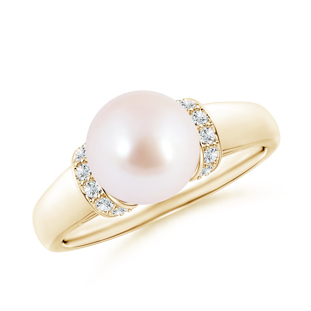8mm AAA Japanese Akoya Pearl Collar Ring with Diamonds in Yellow Gold