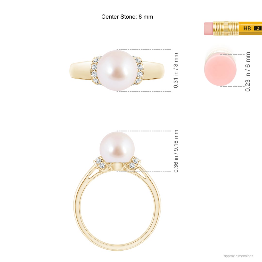 8mm AAA Japanese Akoya Pearl Collar Ring with Diamonds in Yellow Gold - ruler