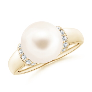 10mm AAA Freshwater Pearl Collar Ring with Diamonds in Yellow Gold