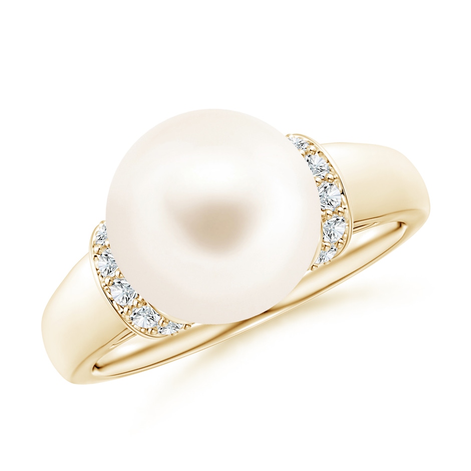 10mm AAA Freshwater Pearl Collar Ring with Diamonds in Yellow Gold 