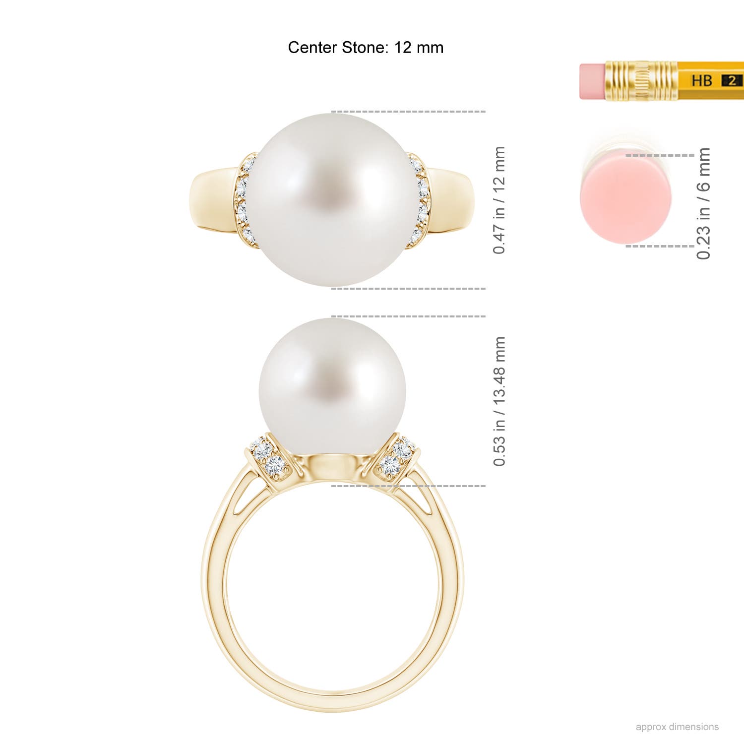 12mm AAA South Sea Pearl Collar Ring with Diamonds in Yellow Gold - ruler