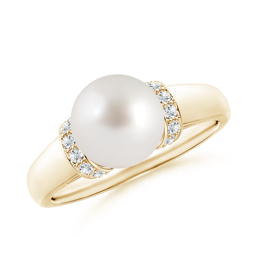 8mm AAA South Sea Pearl Collar Ring with Diamonds in Yellow Gold