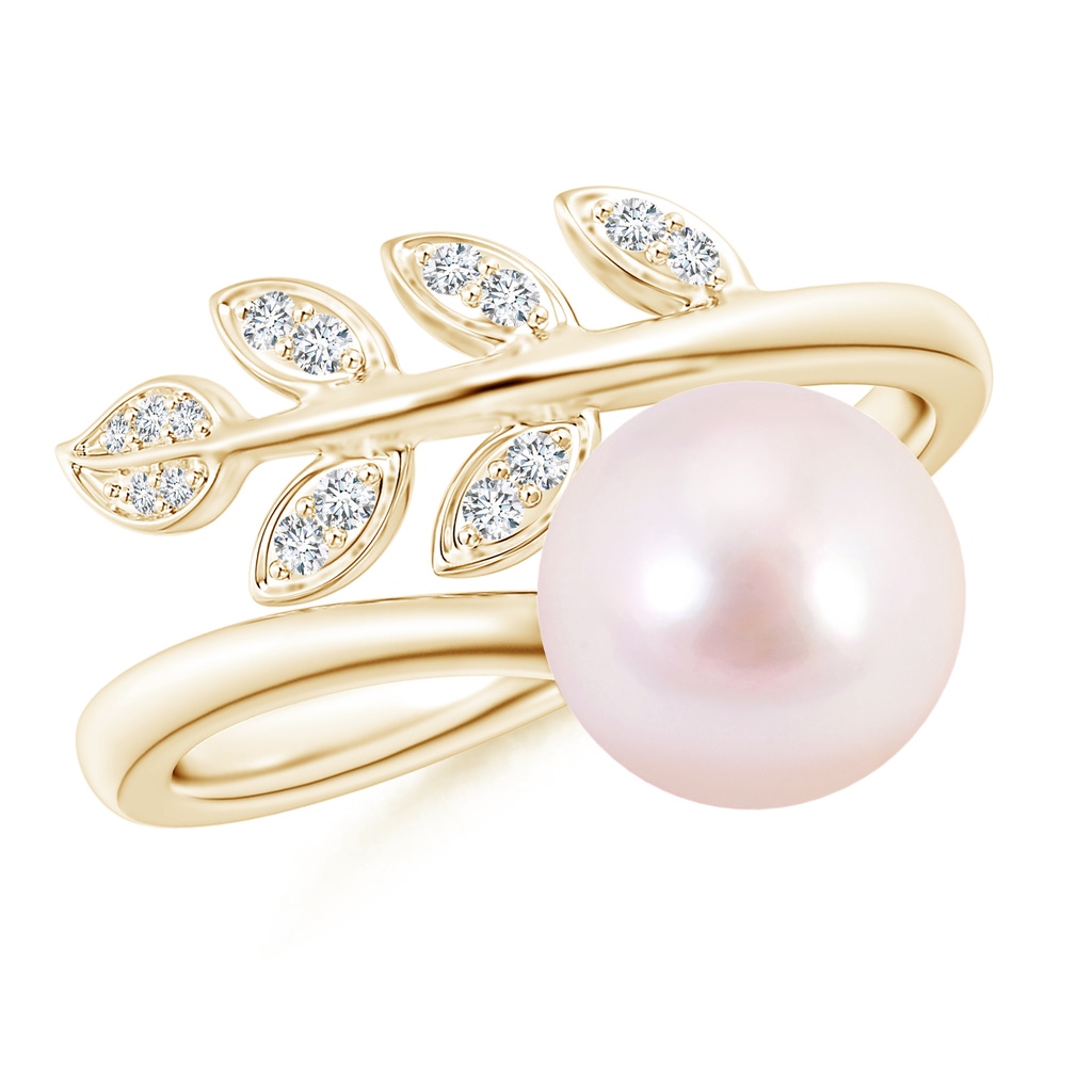 8mm AAAA Japanese Akoya Pearl Olive Leaf Wrap Ring in Yellow Gold