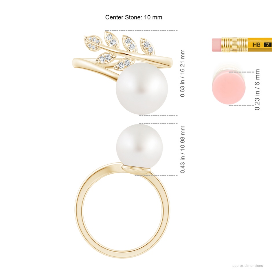 10mm AA South Sea Pearl Olive Leaf Wrap Ring in Yellow Gold ruler