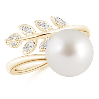 10mm AAA South Sea Pearl Olive Leaf Wrap Ring in Yellow Gold