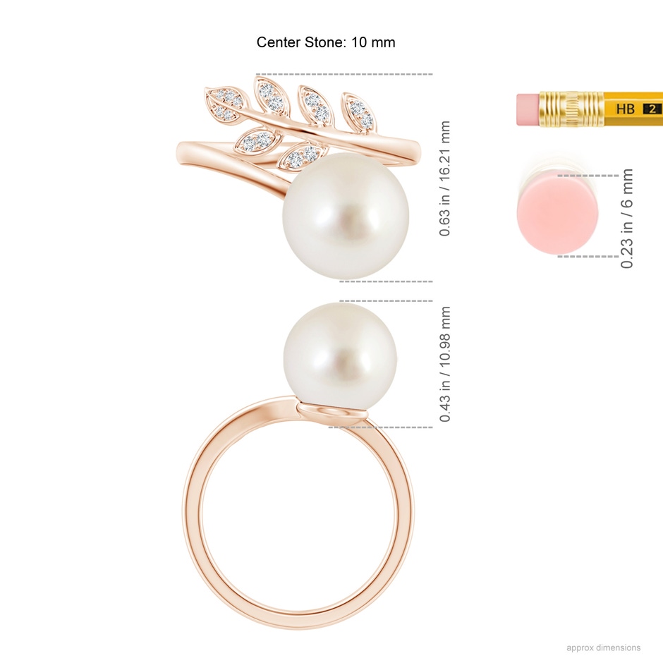 10mm AAAA South Sea Pearl Olive Leaf Wrap Ring in Rose Gold ruler