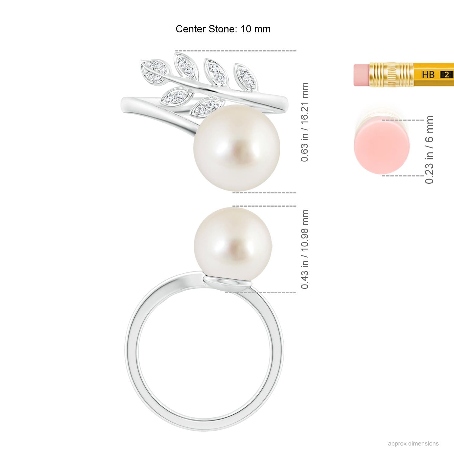 10mm AAAA South Sea Pearl Olive Leaf Wrap Ring in White Gold - ruler