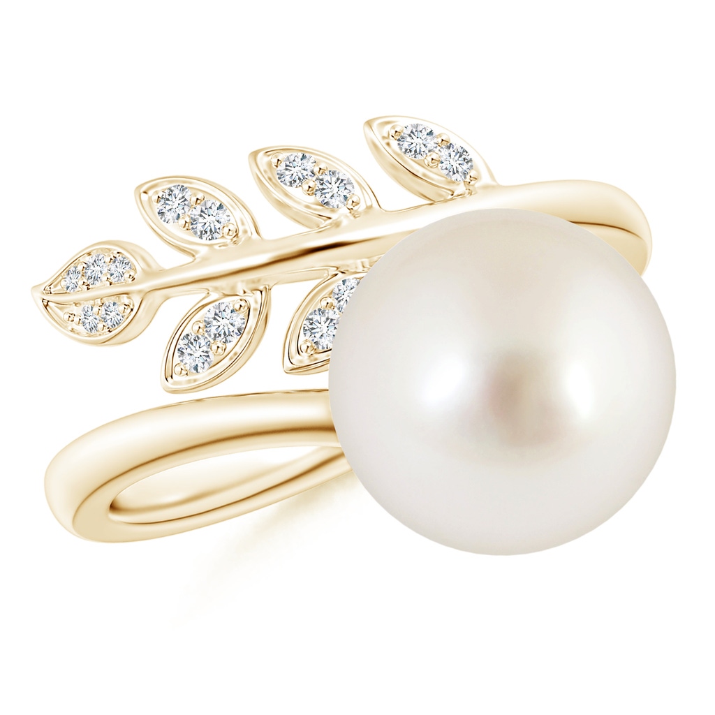 10mm AAAA South Sea Pearl Olive Leaf Wrap Ring in Yellow Gold