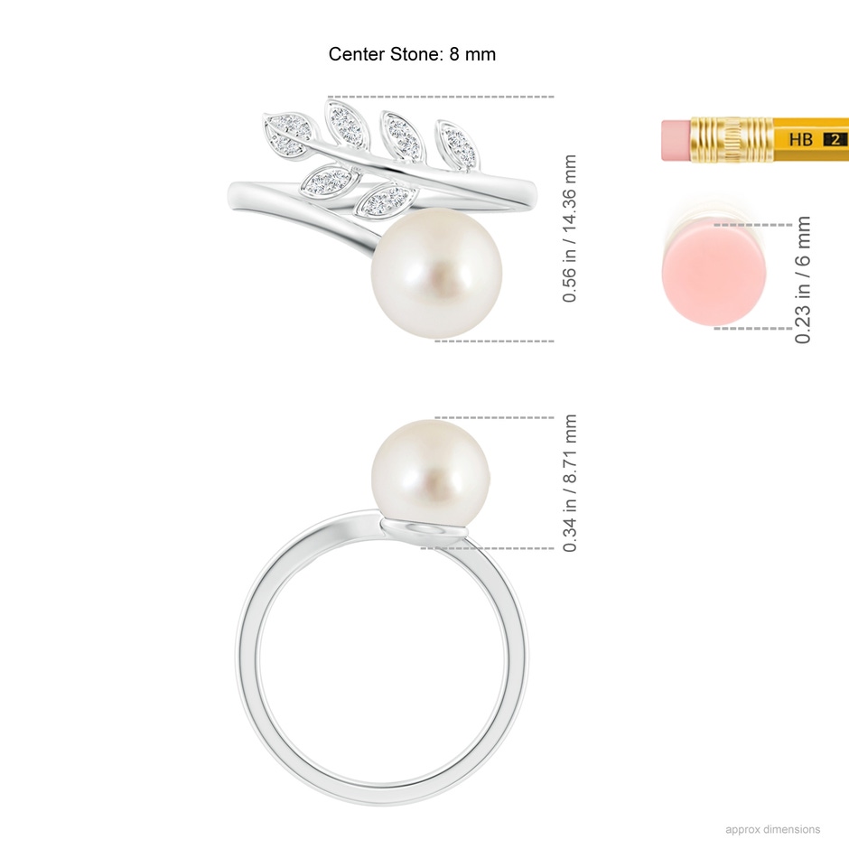 8mm AAAA South Sea Pearl Olive Leaf Wrap Ring in White Gold ruler