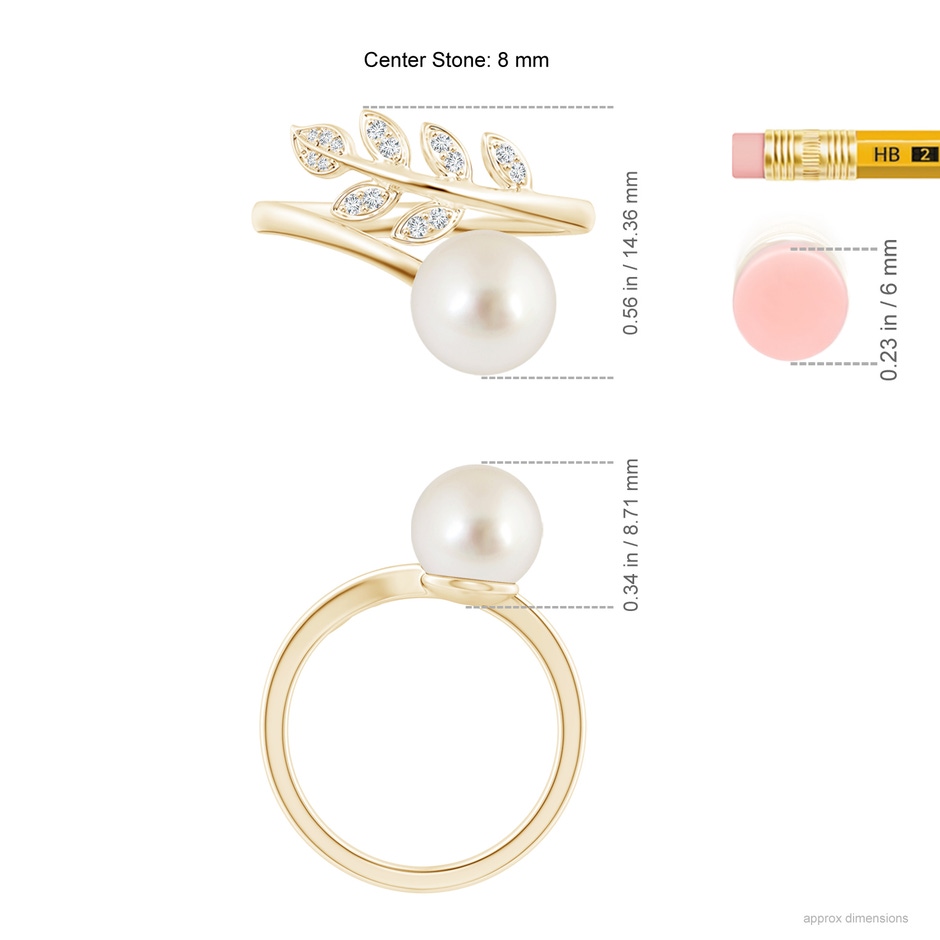 8mm AAAA South Sea Pearl Olive Leaf Wrap Ring in Yellow Gold ruler
