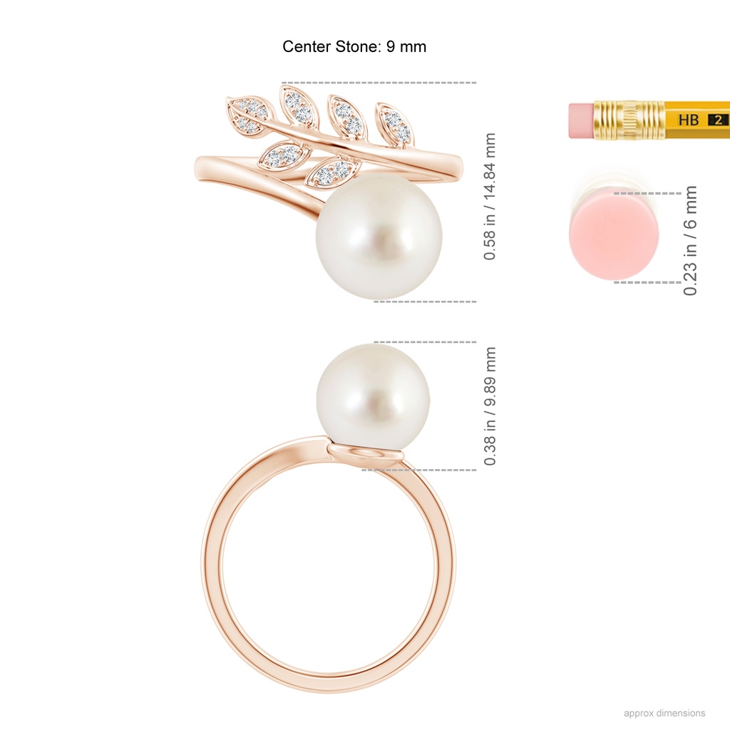 9mm AAAA South Sea Pearl Olive Leaf Wrap Ring in Rose Gold Ruler