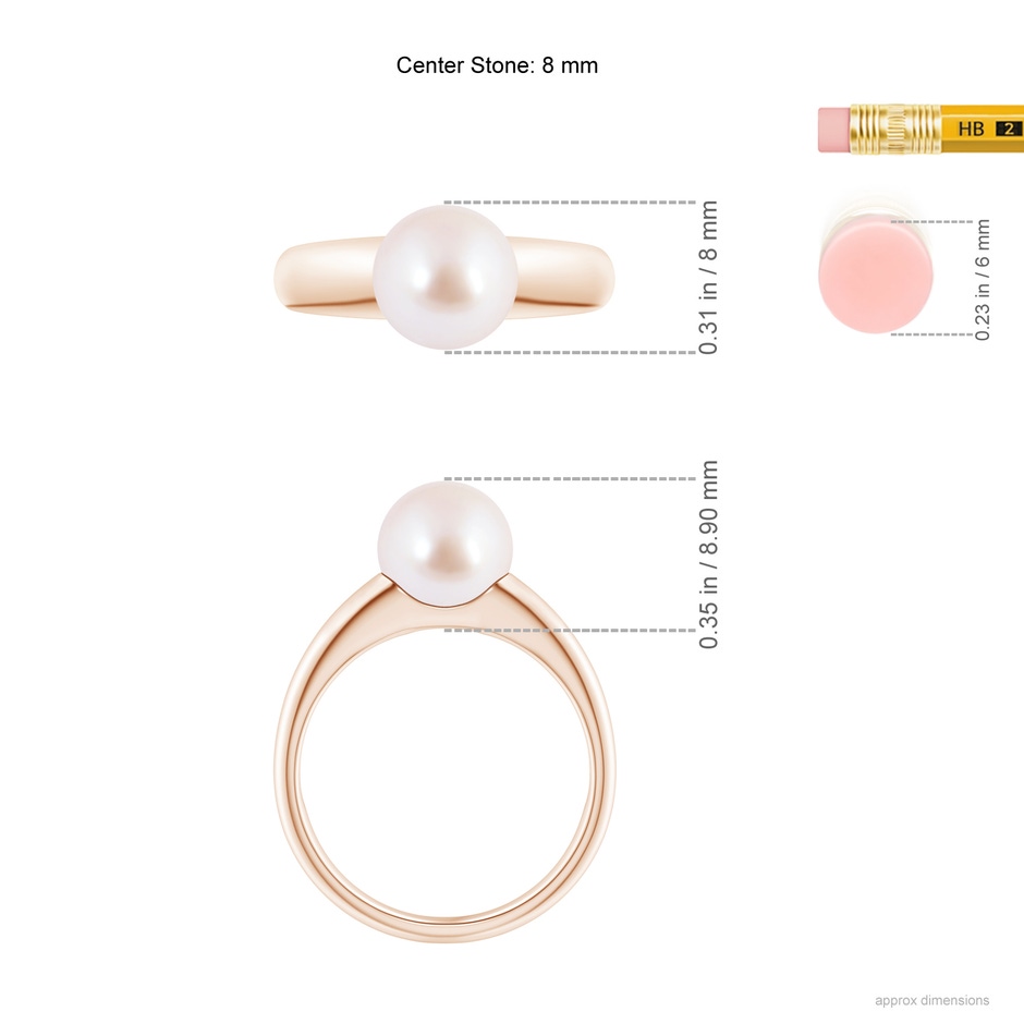 8mm AAA Solitaire Japanese Akoya Pearl Dome Ring in Rose Gold ruler