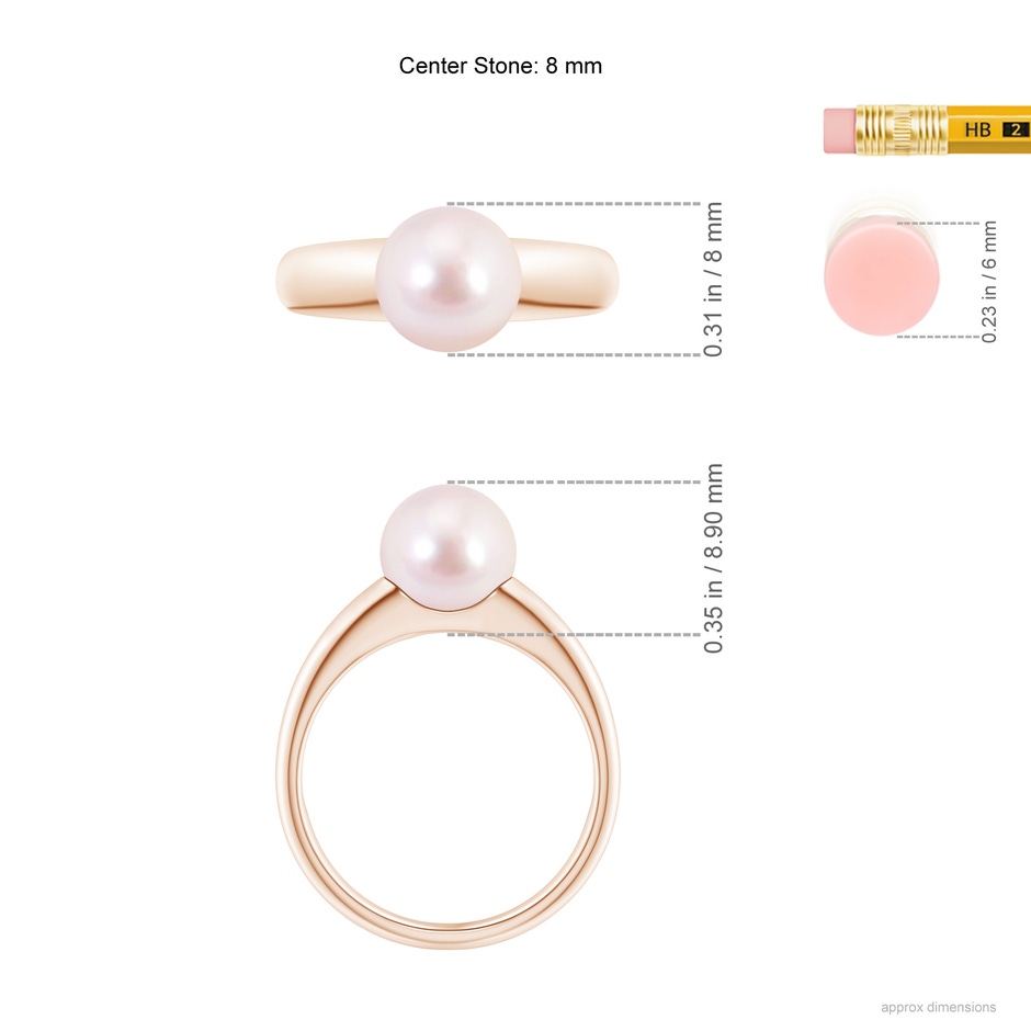 8mm AAAA Solitaire Japanese Akoya Pearl Dome Ring in Rose Gold ruler