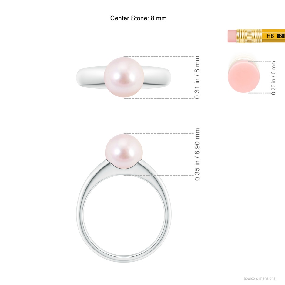 8mm AAAA Solitaire Japanese Akoya Pearl Dome Ring in White Gold ruler