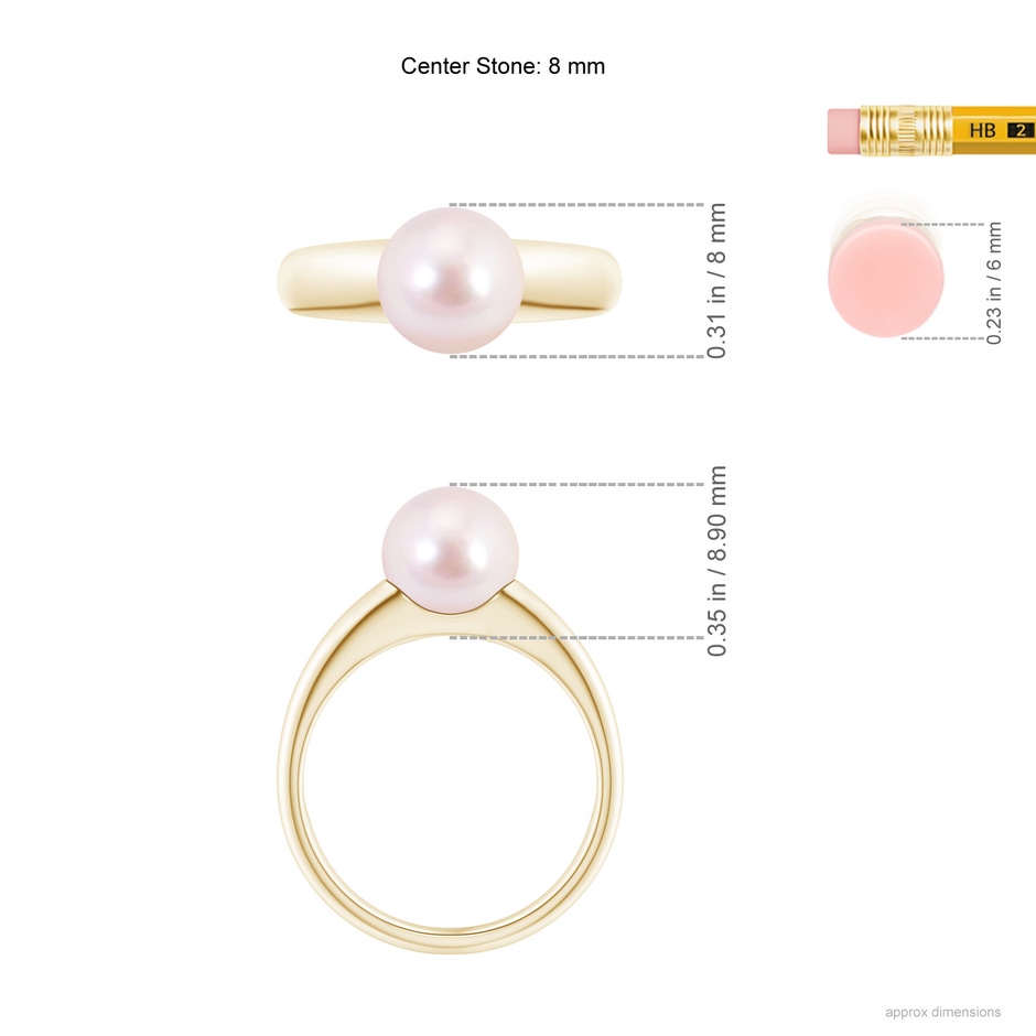 8mm AAAA Solitaire Japanese Akoya Pearl Dome Ring in Yellow Gold ruler