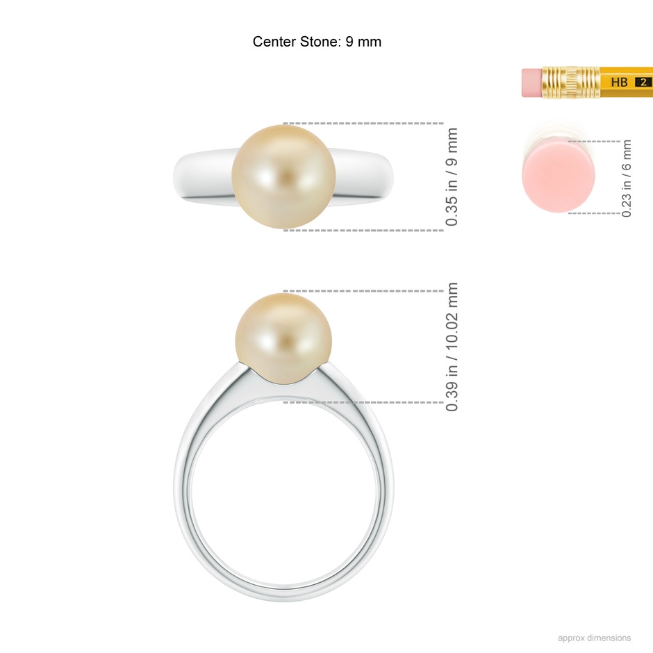 9mm AAA Solitaire Golden South Sea Pearl Dome Ring in White Gold ruler