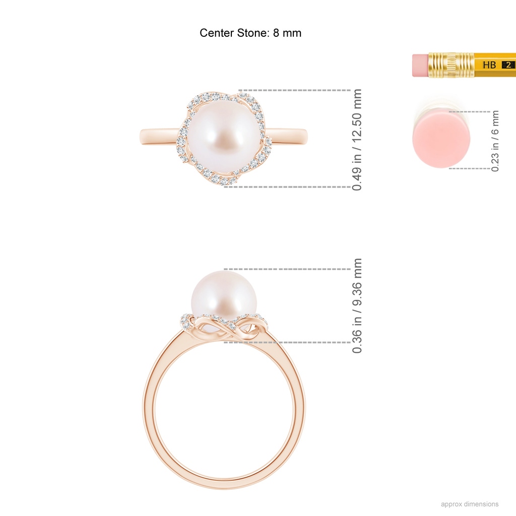 8mm AAA Japanese Akoya Pearl Overlapping Halo Ring in Rose Gold Ruler