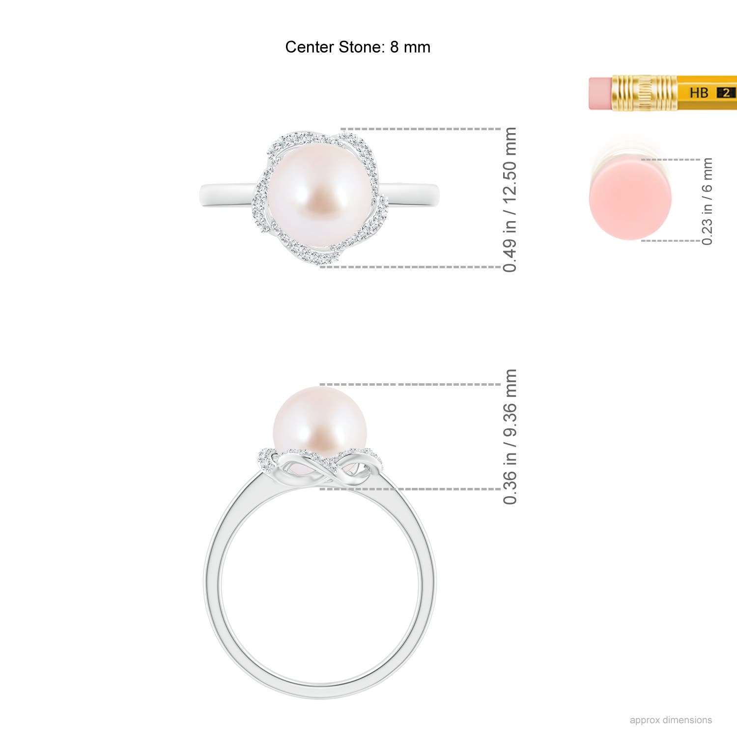 8mm AAA Japanese Akoya Pearl Overlapping Halo Ring in White Gold - ruler