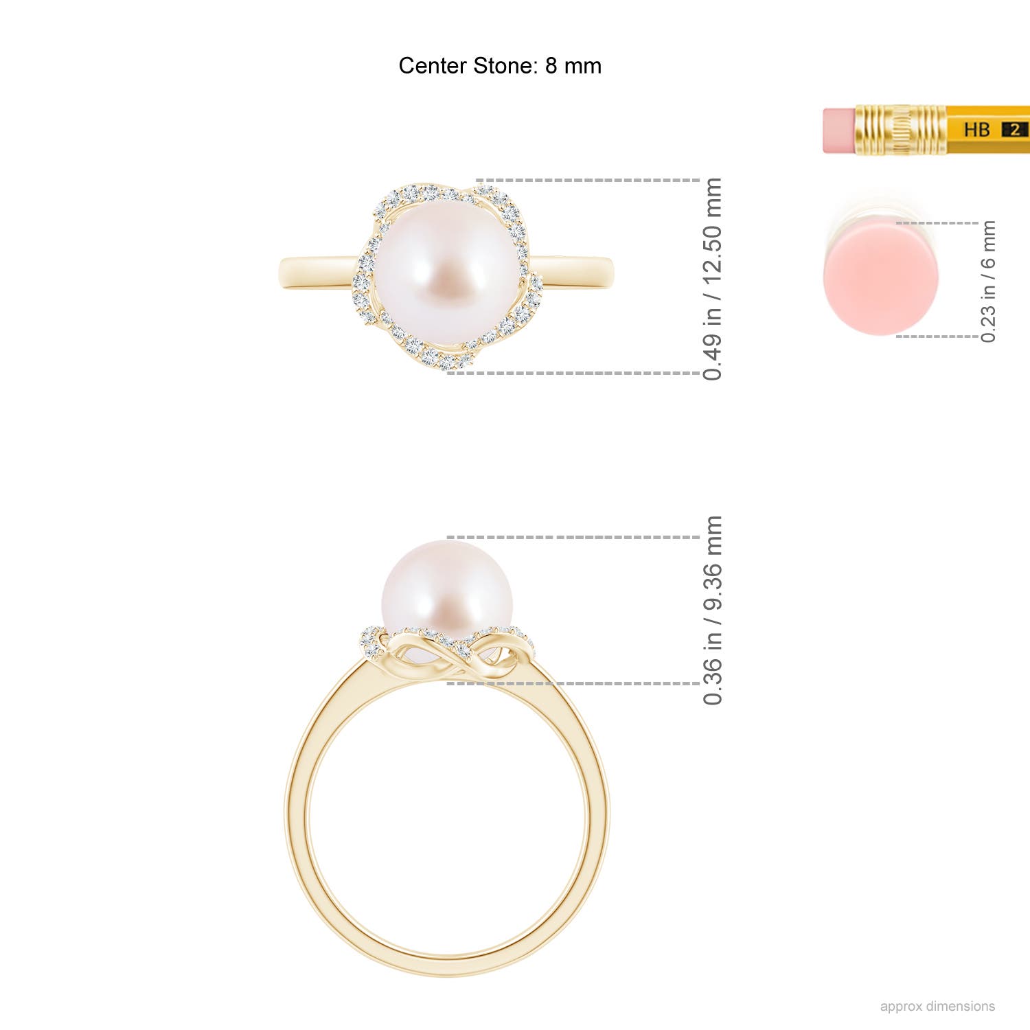 8mm AAA Japanese Akoya Pearl Overlapping Halo Ring in Yellow Gold - ruler
