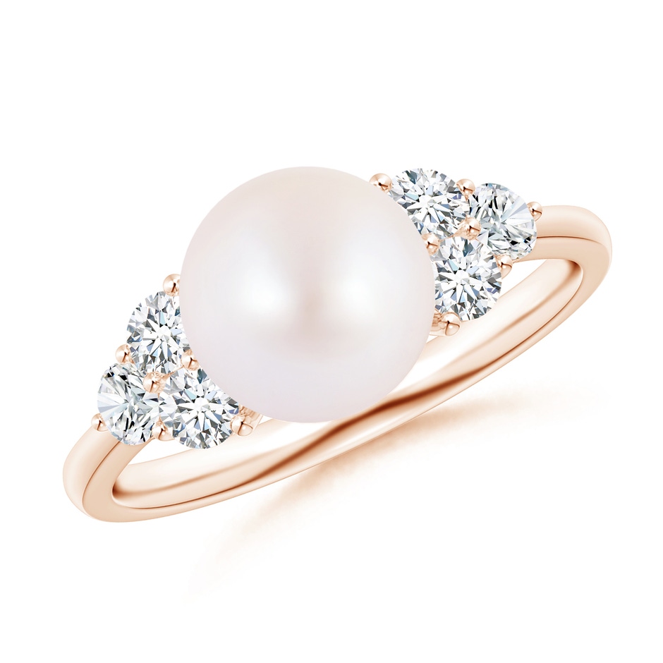 8mm AA Japanese Akoya Pearl Trio Diamond Ring in Rose Gold 