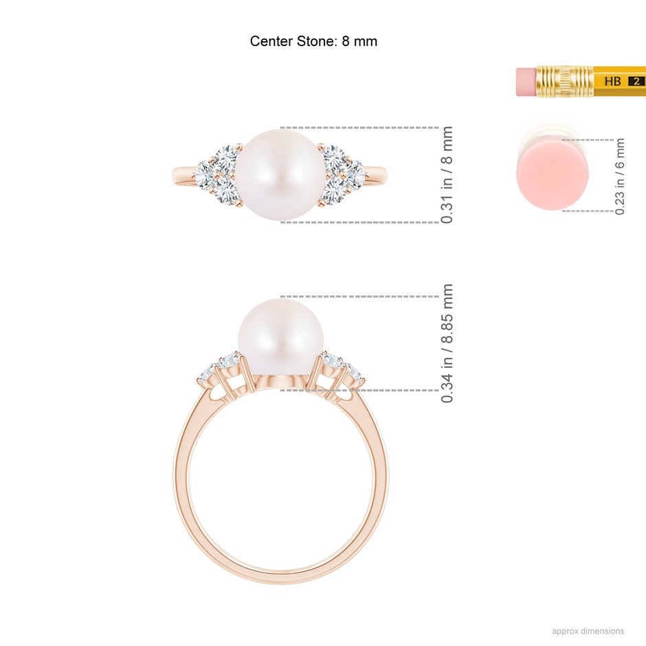 8mm AA Japanese Akoya Pearl Trio Diamond Ring in Rose Gold ruler