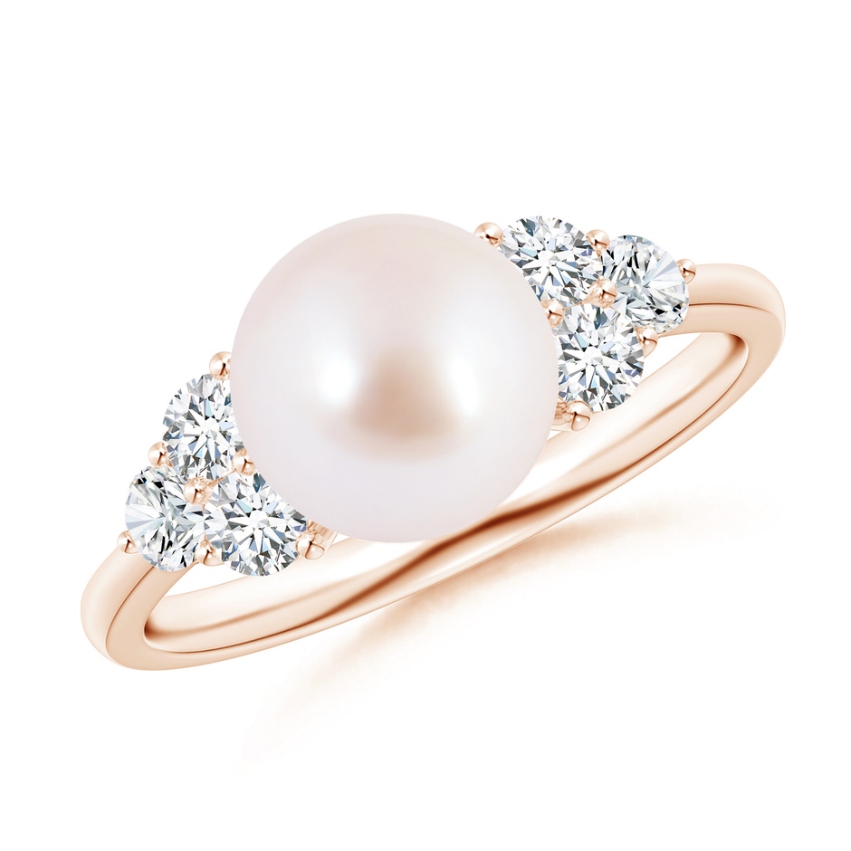 8mm AAA Japanese Akoya Pearl Trio Diamond Ring in Rose Gold 