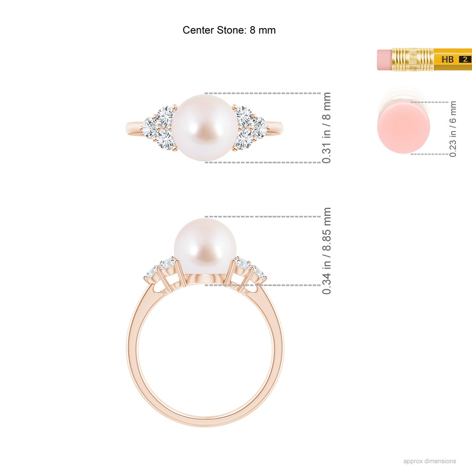 8mm AAA Japanese Akoya Pearl Trio Diamond Ring in Rose Gold ruler