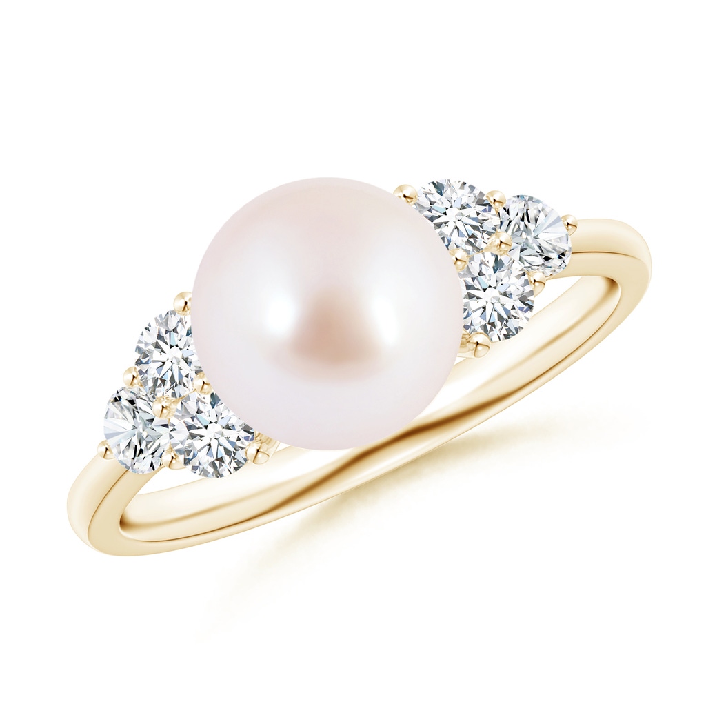 8mm AAA Japanese Akoya Pearl Trio Diamond Ring in Yellow Gold