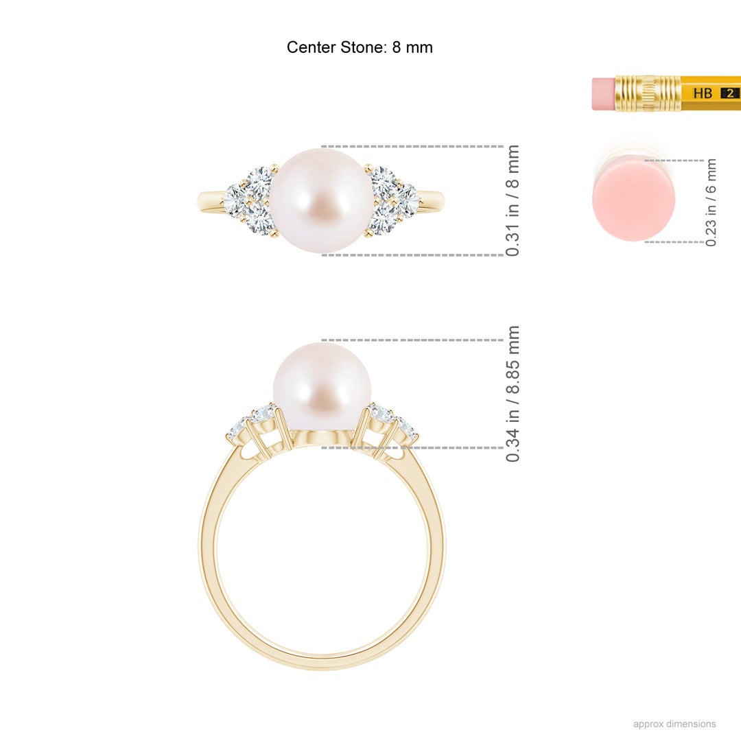 8mm AAA Japanese Akoya Pearl Trio Diamond Ring in Yellow Gold - ruler