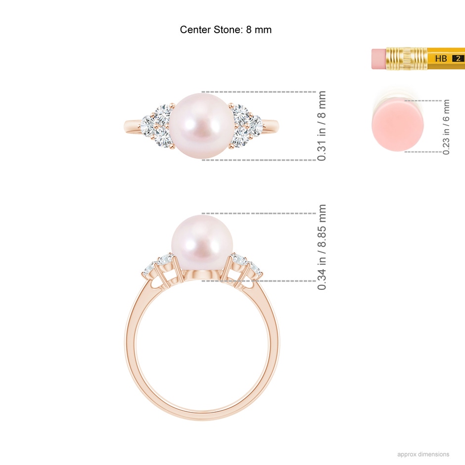 8mm AAAA Japanese Akoya Pearl Trio Diamond Ring in Rose Gold ruler