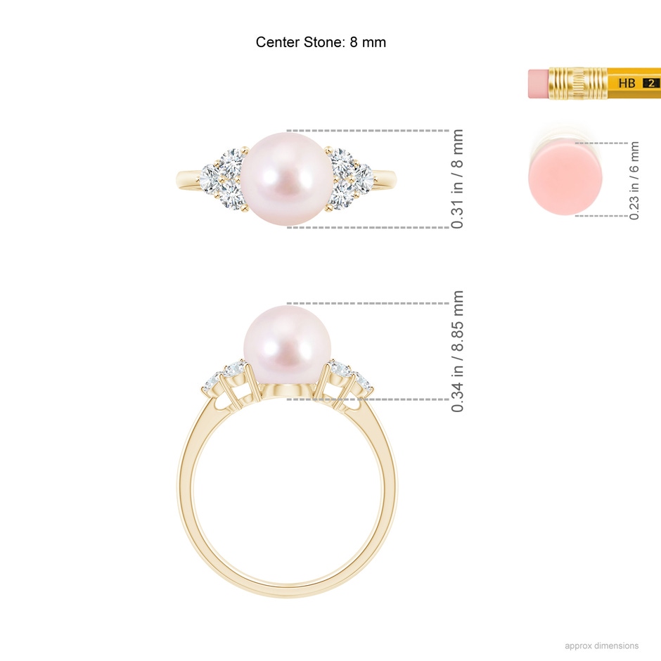 8mm AAAA Japanese Akoya Pearl Trio Diamond Ring in Yellow Gold ruler