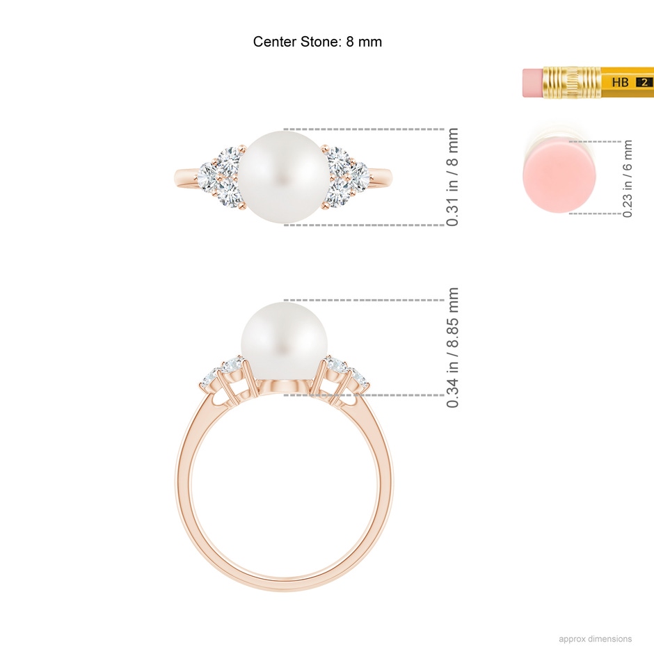8mm AA South Sea Pearl Trio Diamond Ring in Rose Gold ruler