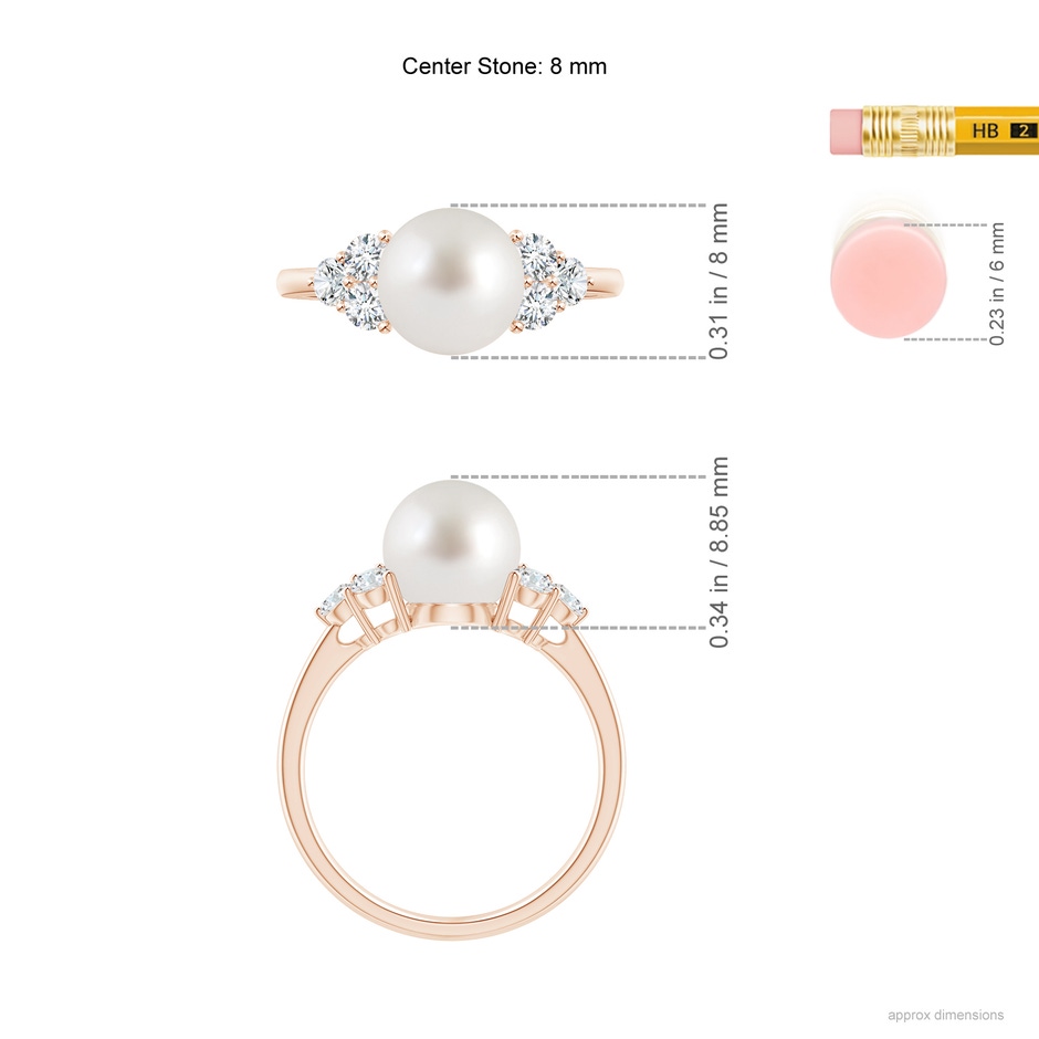 8mm AAA South Sea Pearl Trio Diamond Ring in Rose Gold ruler