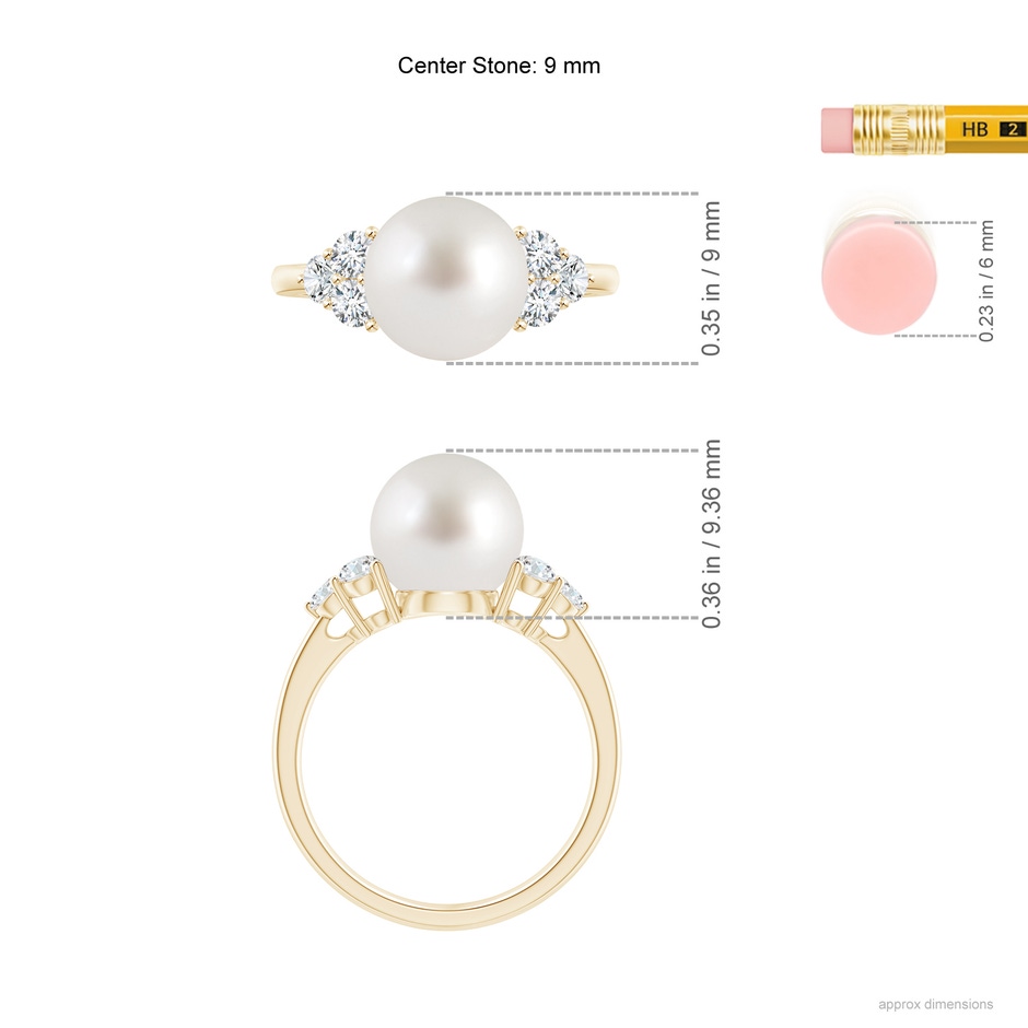 9mm AAA South Sea Pearl Trio Diamond Ring in Yellow Gold ruler