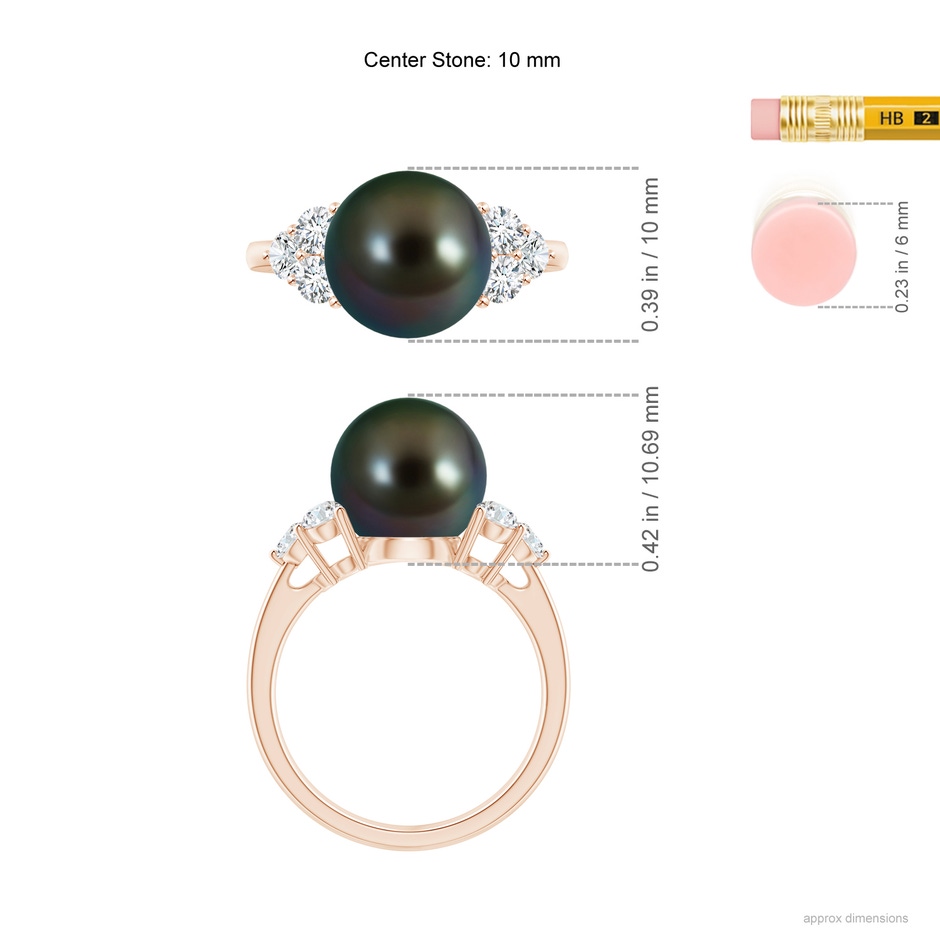 10mm AAAA Tahitian Pearl Trio Diamond Ring in Rose Gold ruler