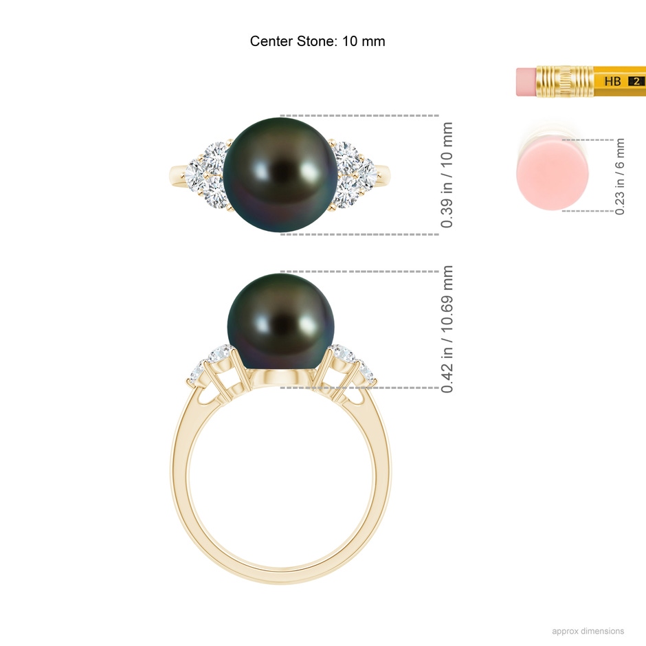 10mm AAAA Tahitian Pearl Trio Diamond Ring in Yellow Gold ruler