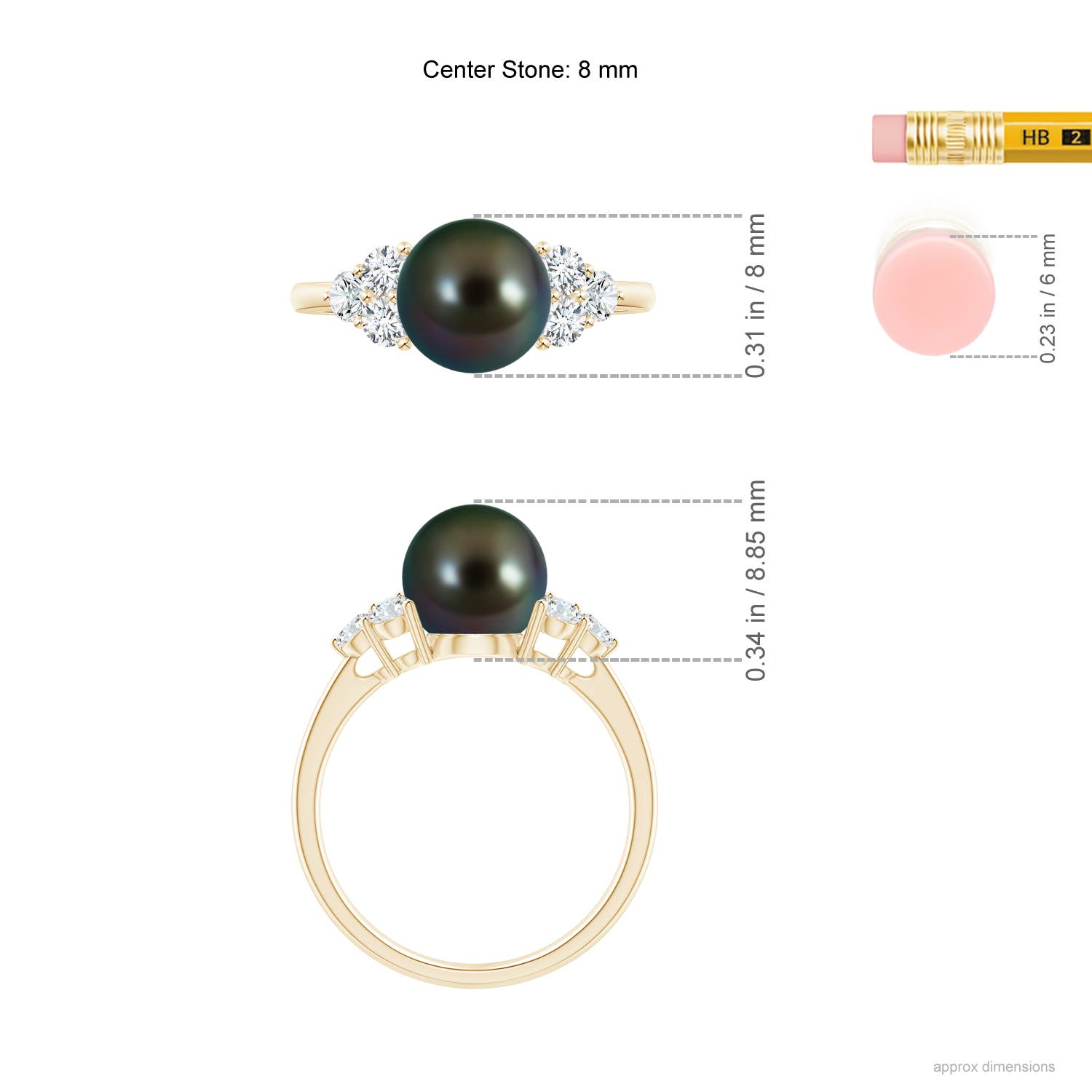 8mm AAAA Tahitian Pearl Trio Diamond Ring in Yellow Gold - ruler