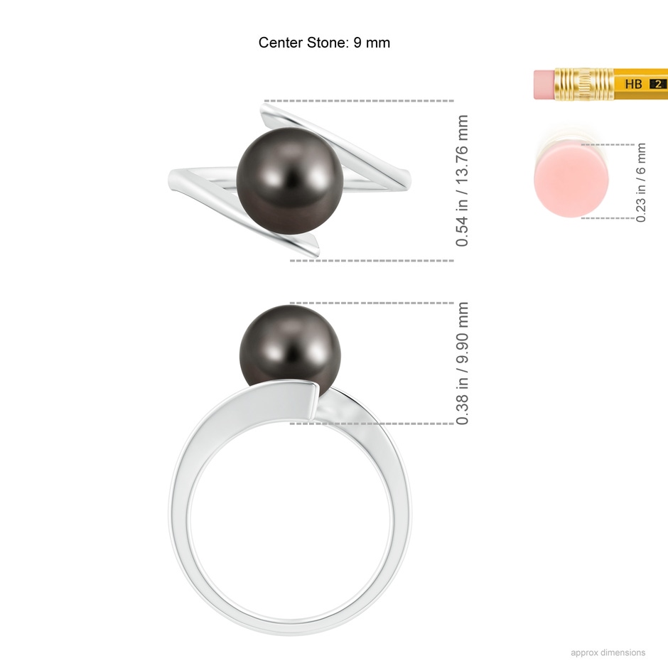 9mm AAA Solitaire Tahitian Pearl Ring with Bypass Shank in White Gold ruler