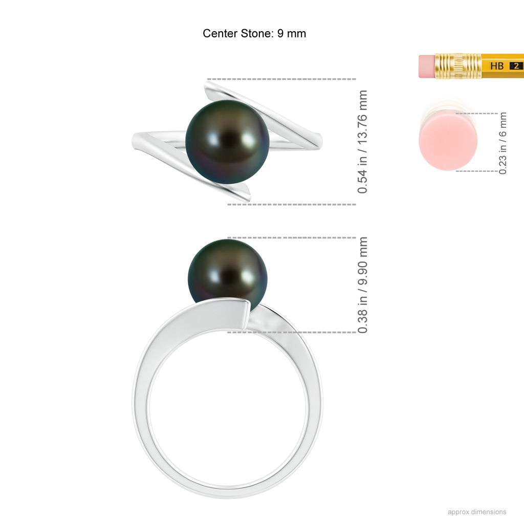 9mm AAAA Solitaire Tahitian Pearl Ring with Bypass Shank in White Gold Ruler