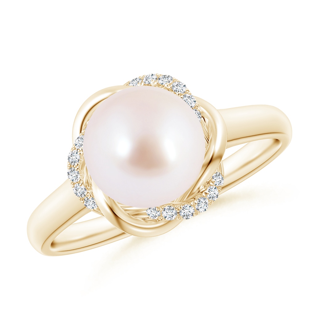 8mm AAA Japanese Akoya Pearl Ring with Braided Diamond Halo in Yellow Gold