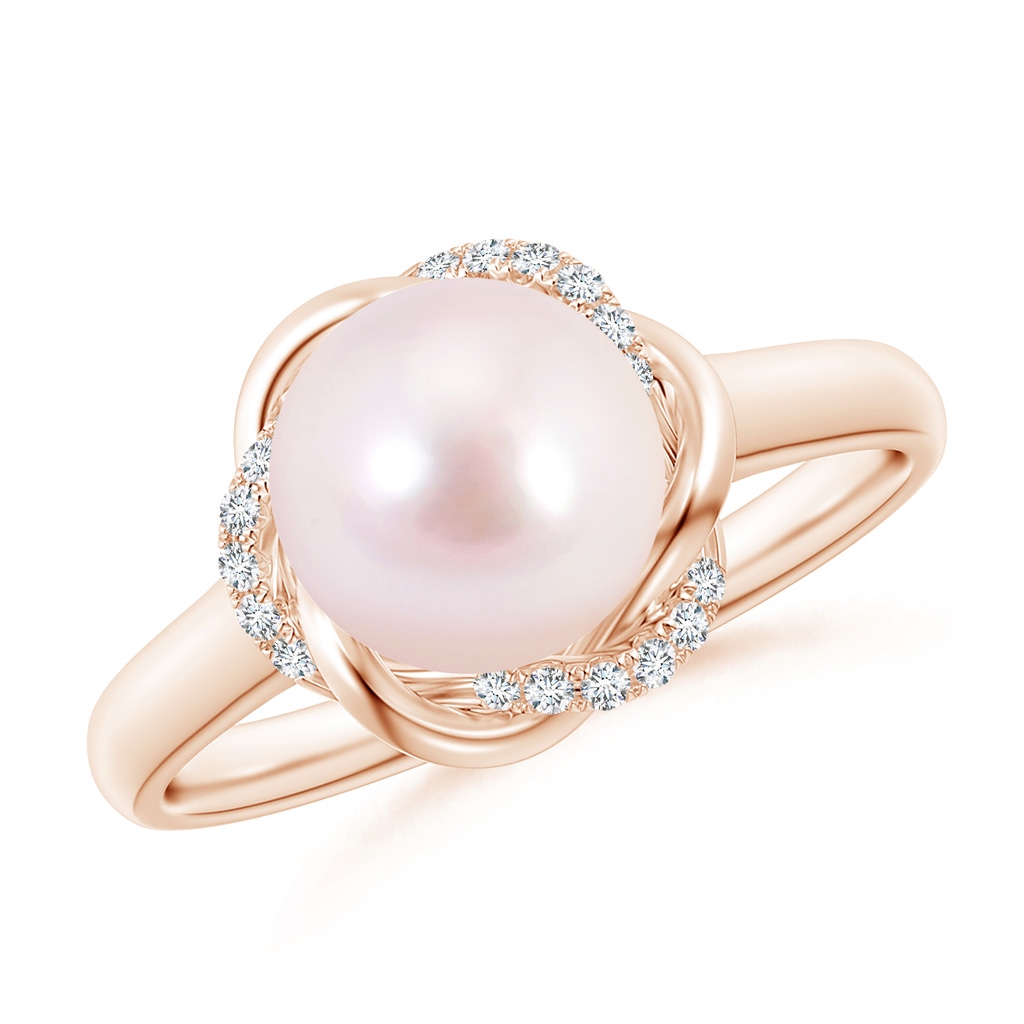 8mm AAAA Japanese Akoya Pearl Ring with Braided Diamond Halo in Rose Gold